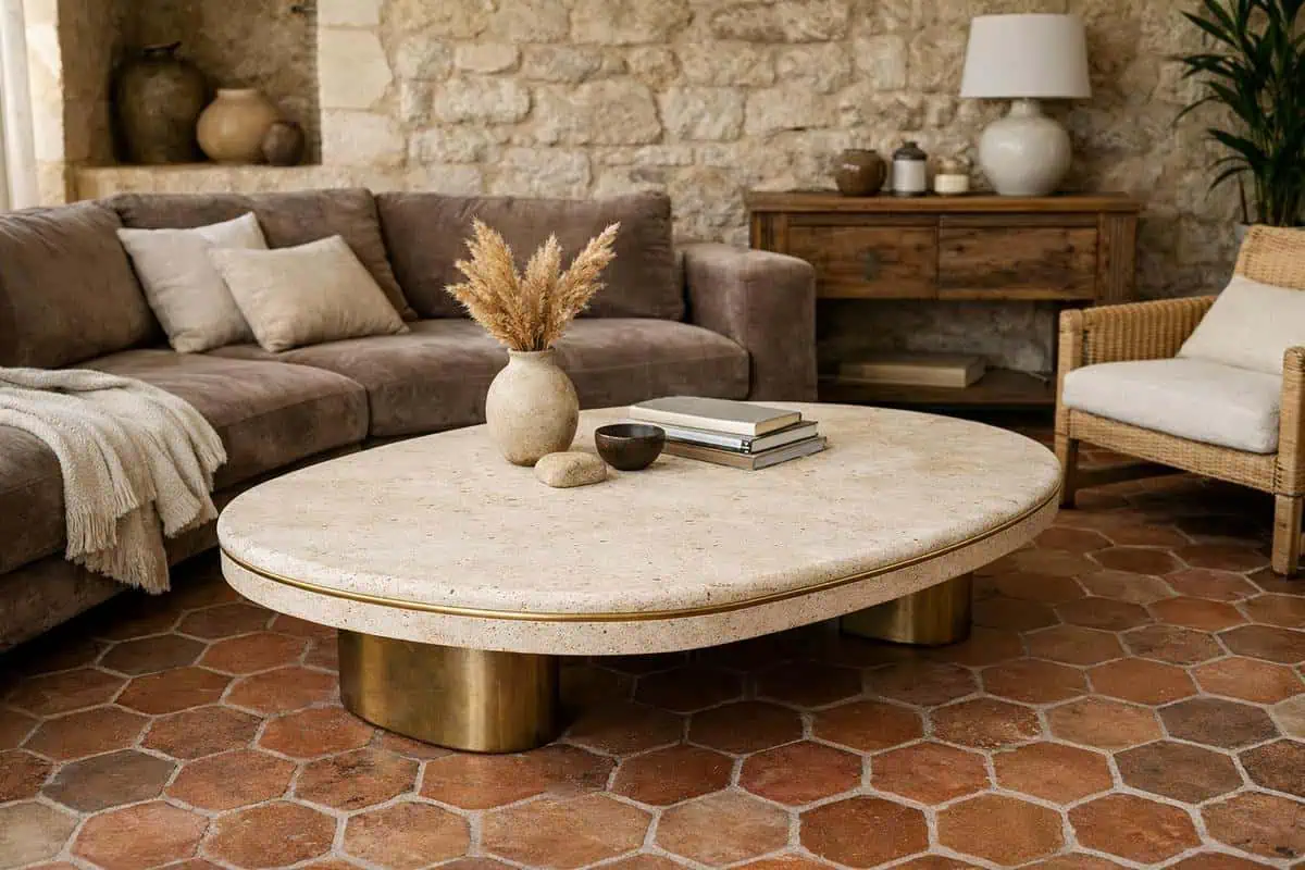 Table basse travertin avec plateau gris fumé et piètement laiton brossé sur sol tomette rouge, mobilier design contemporain moderne