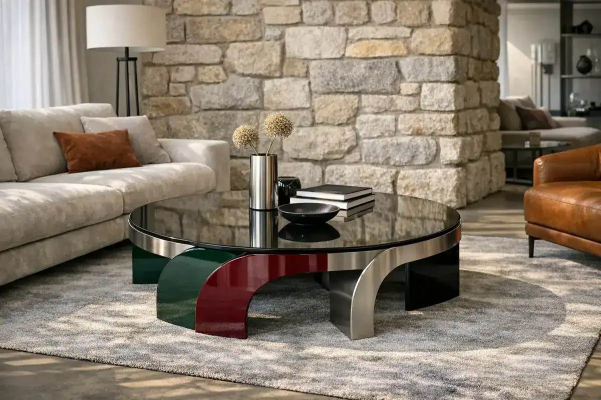Table basse design salon 2026 plateau verre fumé 15mm structure inox brossé laqué brillant vert bouteille noir jais Roche Bobois Fiam
