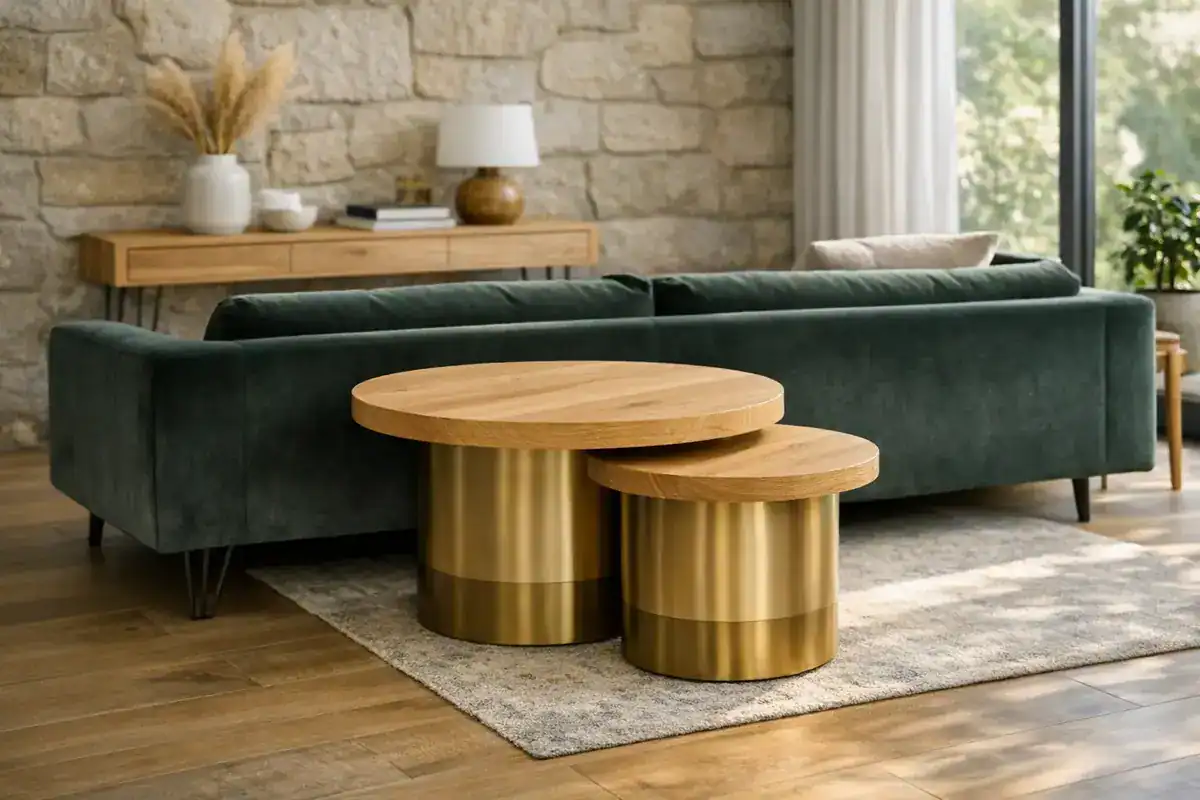 tables gigognes bois clair et laiton brossé comme bouts de canapé dans un salon beige tendance 2026