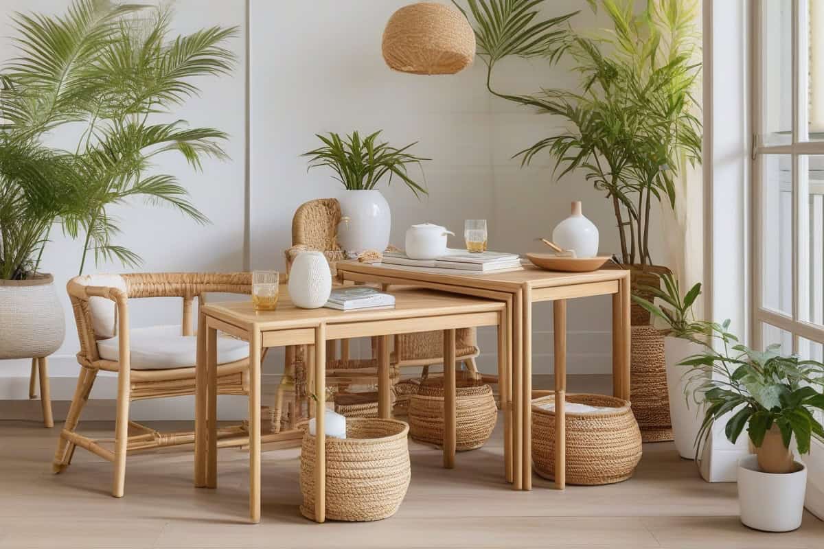 tables gigognes en rotin naturel ou bambou teinté pour salon cosy organique cocooning, idée déco bohème scandinave