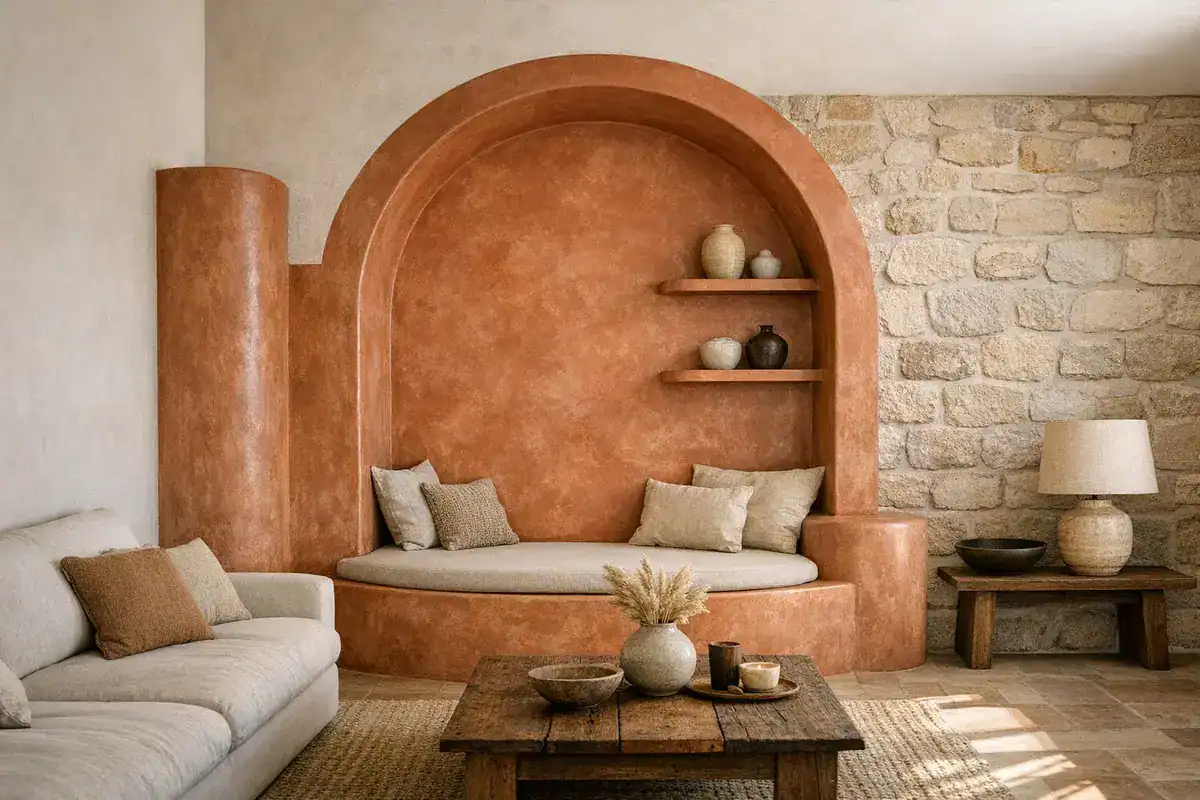 mur en tadelakt chaux naturelle ton terracotta avec niche arrondie organique dans un salon tendance 2026
