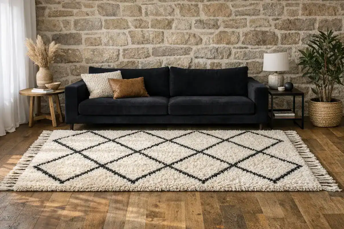 Tapis berbère Beni Ouarain laine brute motifs tribaux ivoire artisanal pour contraster le noir d'un canapé salon