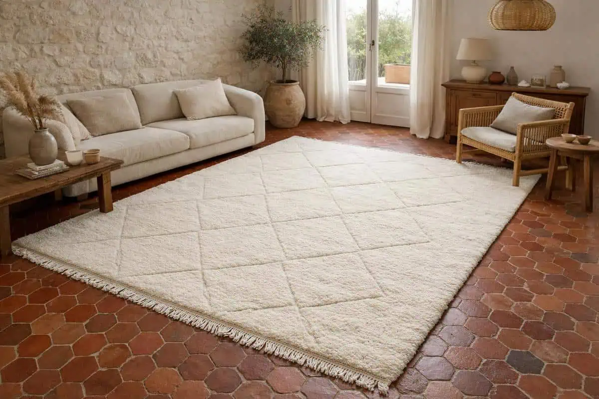 Tapis berbère écru Beni Ouarain à motifs losanges laine épaisse ivoire sur carrelage tomette rouge pour salon traditionnel
