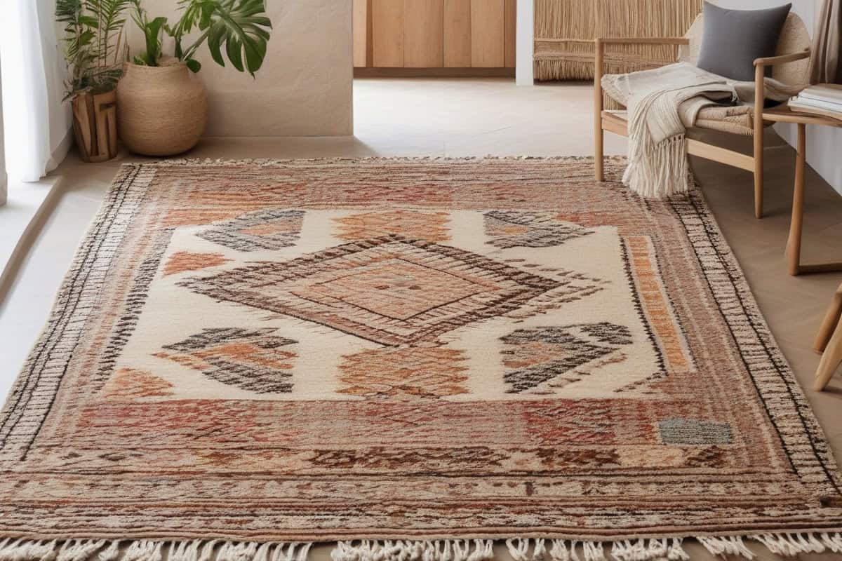 tapis berbère en laine naturelle non traitée motifs géométriques grège pour salon cocooning détente