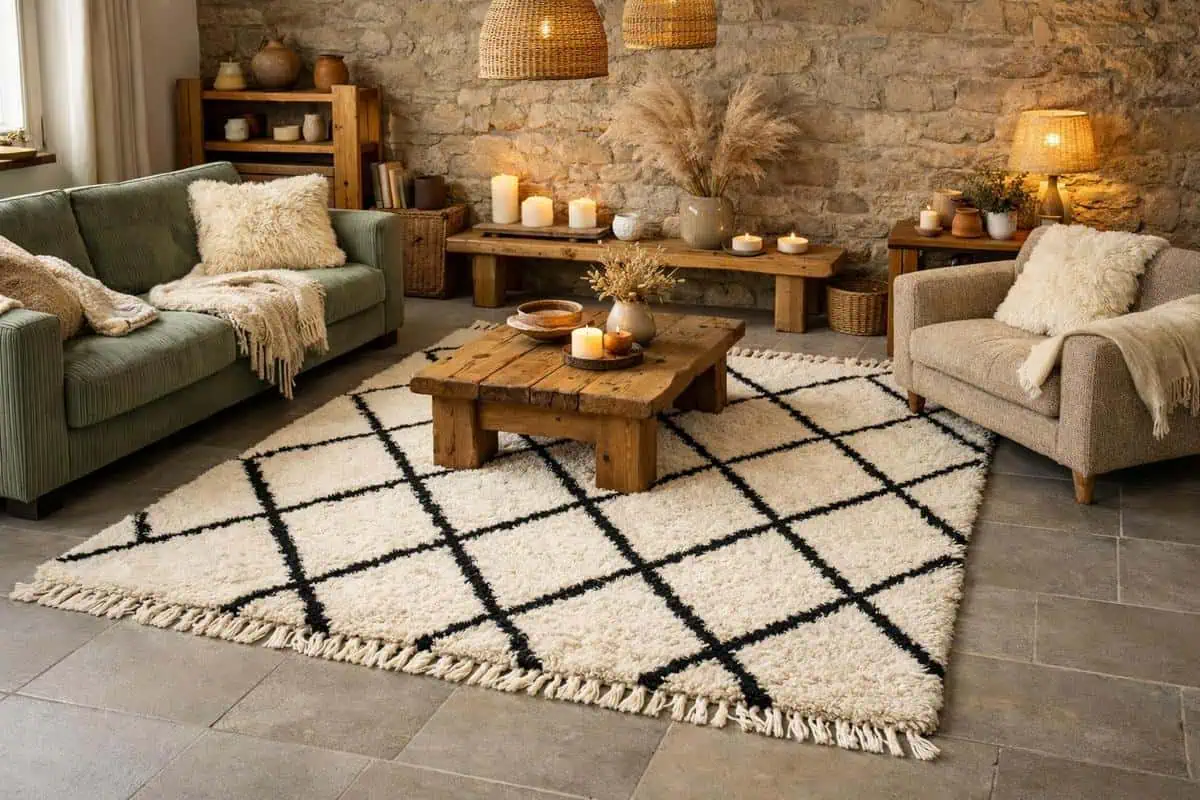 Tapis berbère motif losanges noir ivoire avec canapé velours vert sauge pour style scandinave lumineux rustique sur carrelage gris