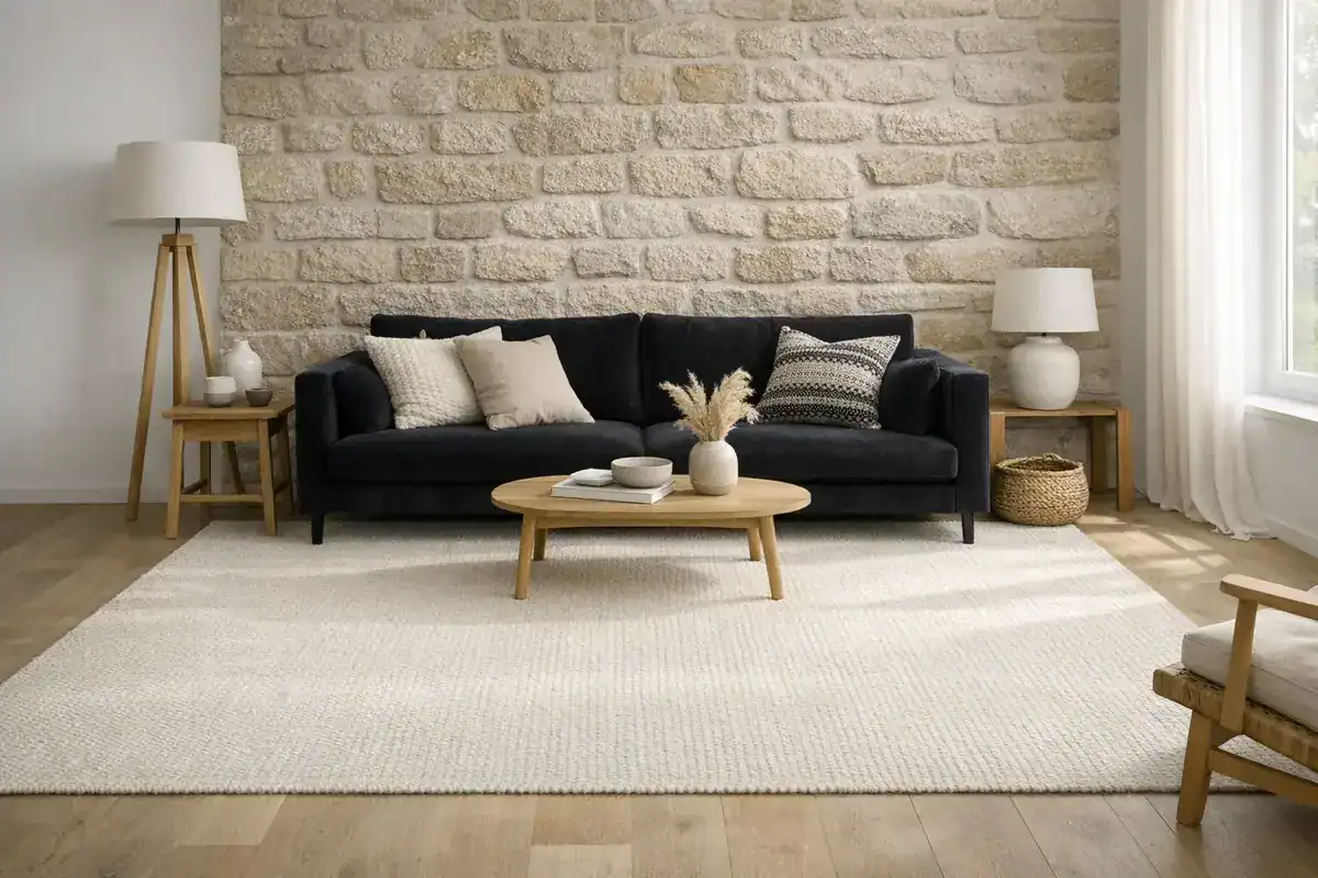 Tapis clair en laine naturelle ivoire blanc cassé grand format pour contraster le noir du canapé salon