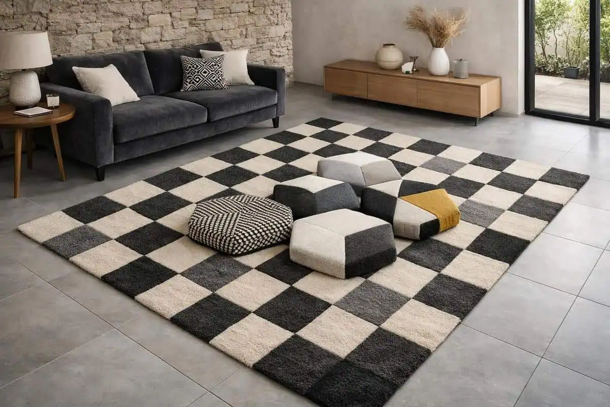 tapis damier gris blanc laine viscose coussins hexagonaux patchwork contrastes graphiques carrelage gris clair