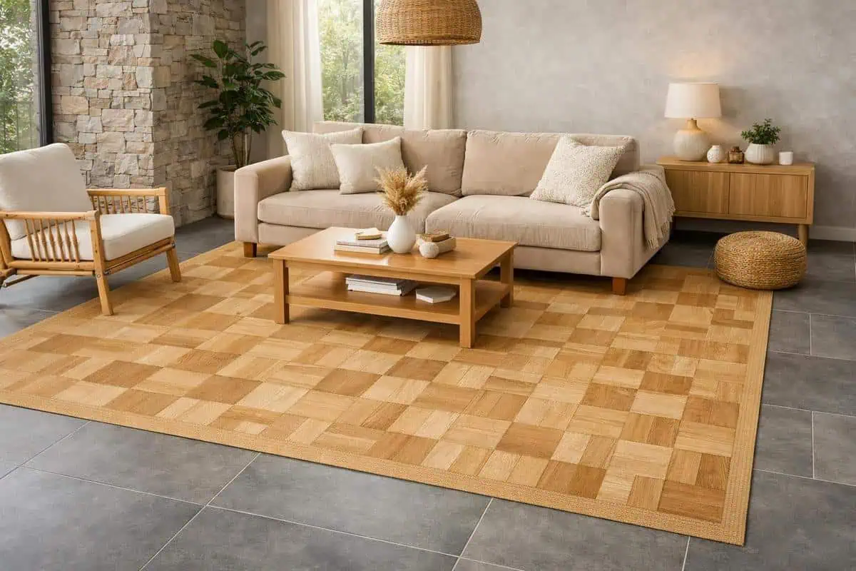 Grand tapis effet parquet en chêne clair imitation bois sur carrelage gris pour zoning salon et luminosité