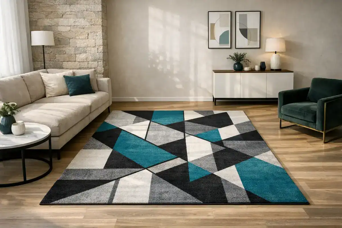 petit tapis à motifs géométriques bleu canard dans un salon beige, idée déco association couleurs contrastées