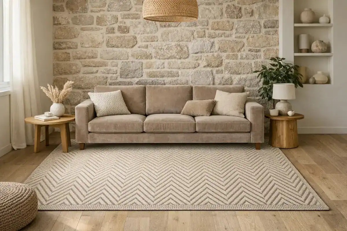 tapis géométrique laine kilim motif chevron salon beige 160x230 idée déco ancrage canapé