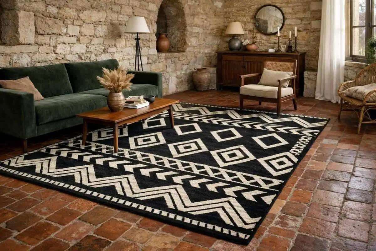 Tapis graphique noir et écru motifs géométriques losanges chevrons sur carrelage tomette rouge salon vintage contemporain