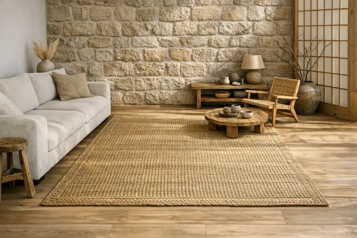tapis en jonc de mer naturel tissé à plat pour salon japonais, fibre végétale structurante style wabi-sabi