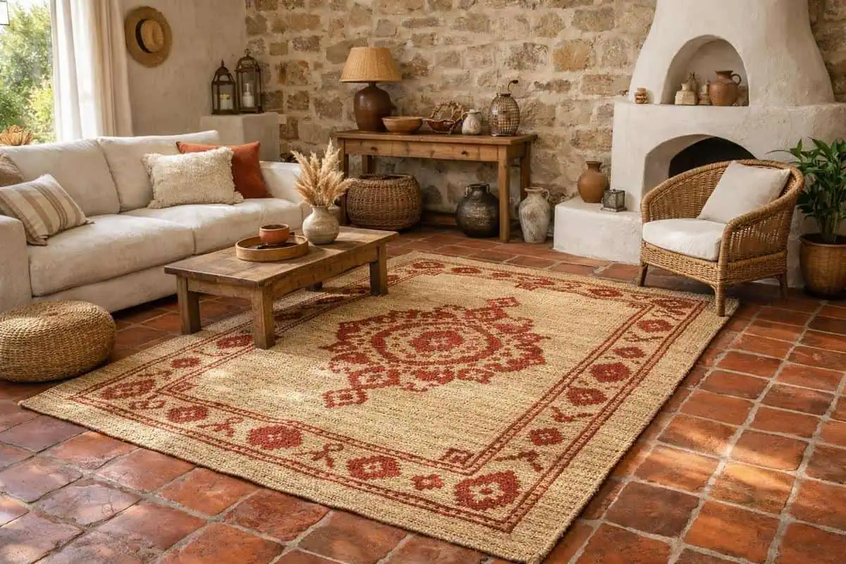 Tapis en jute tressé naturel ton sable chaud sur sol tomette rouge style méditerranéen salon traditionnel
