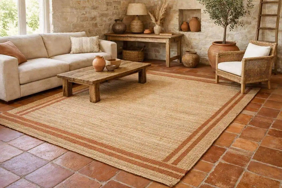 Tapis en jute naturelle tisse a plat pour salon avec tomettes lisses patinees style mediterraneen