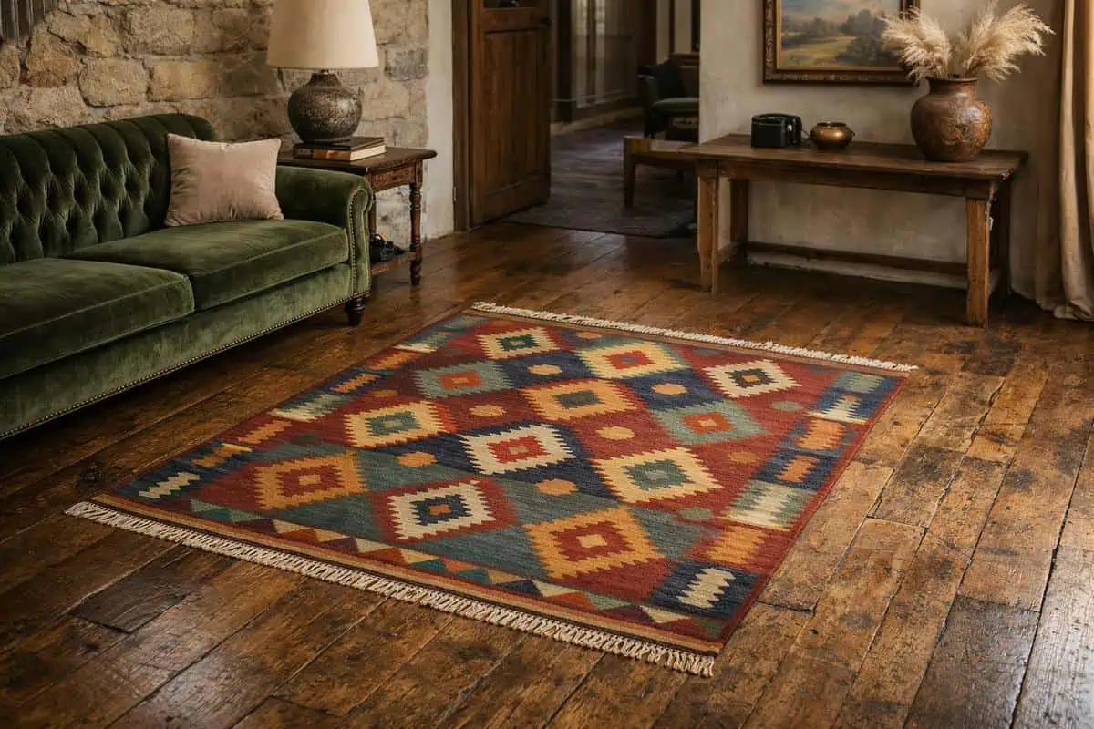 tapis kilim vintage anatolien motifs geometriques ocre rouge grenat bleu nuit vert sauge parquet vieilli