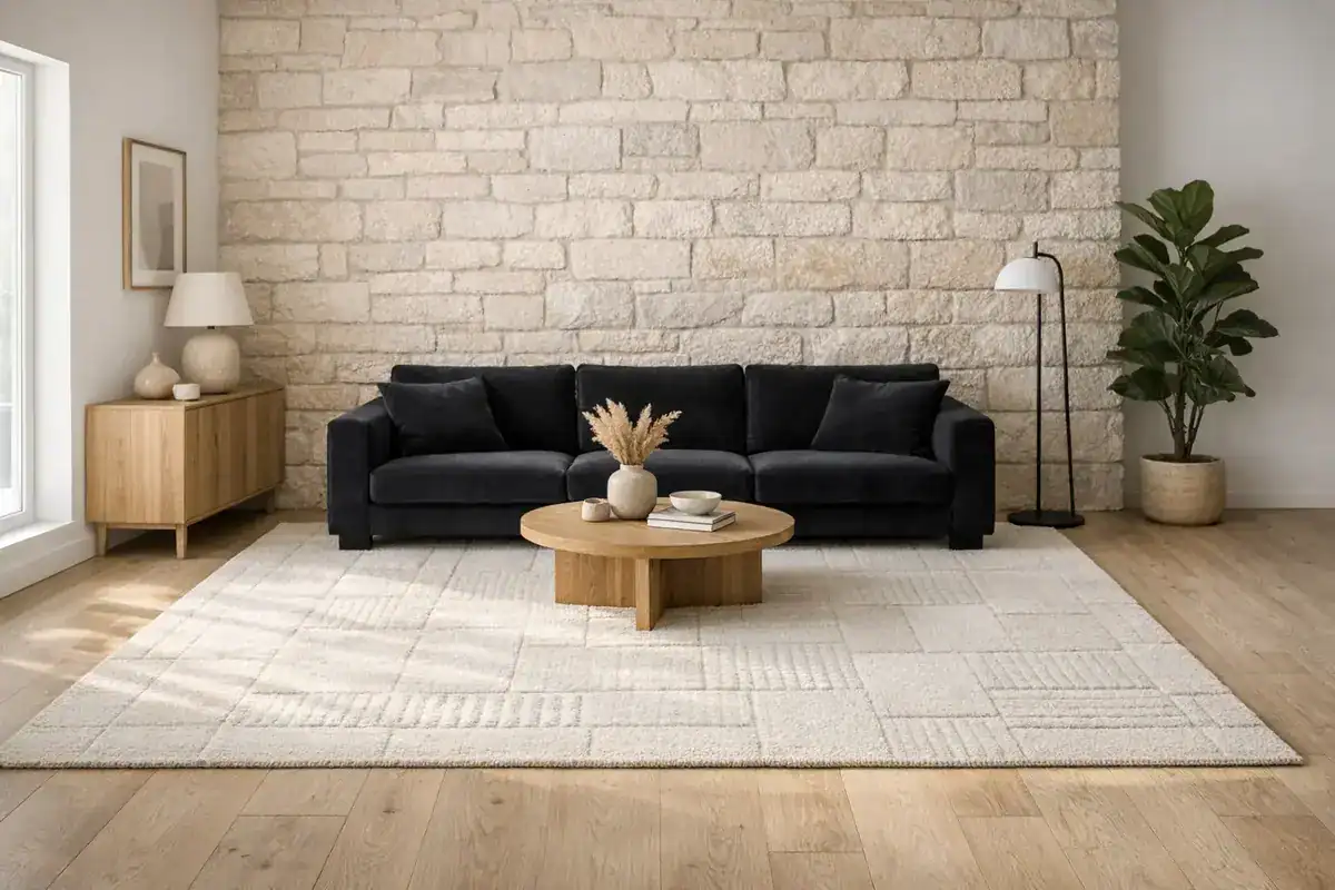 grand tapis laine ivoire salon blanc style scandinave canapé noir parquet chêne blanchi profiter lumière naturelle