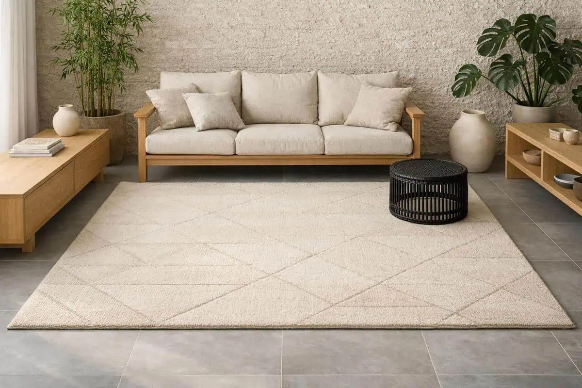 Tapis laine naturelle motif géométrique sable cendré avec canapé bois pour style Japandi minimaliste sur carrelage gris clair