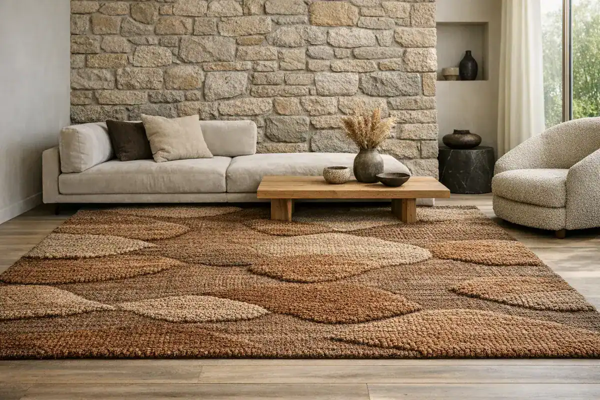 tapis en laine nouée à la main tons brun chaud jute teinté pour salon tendance 2026