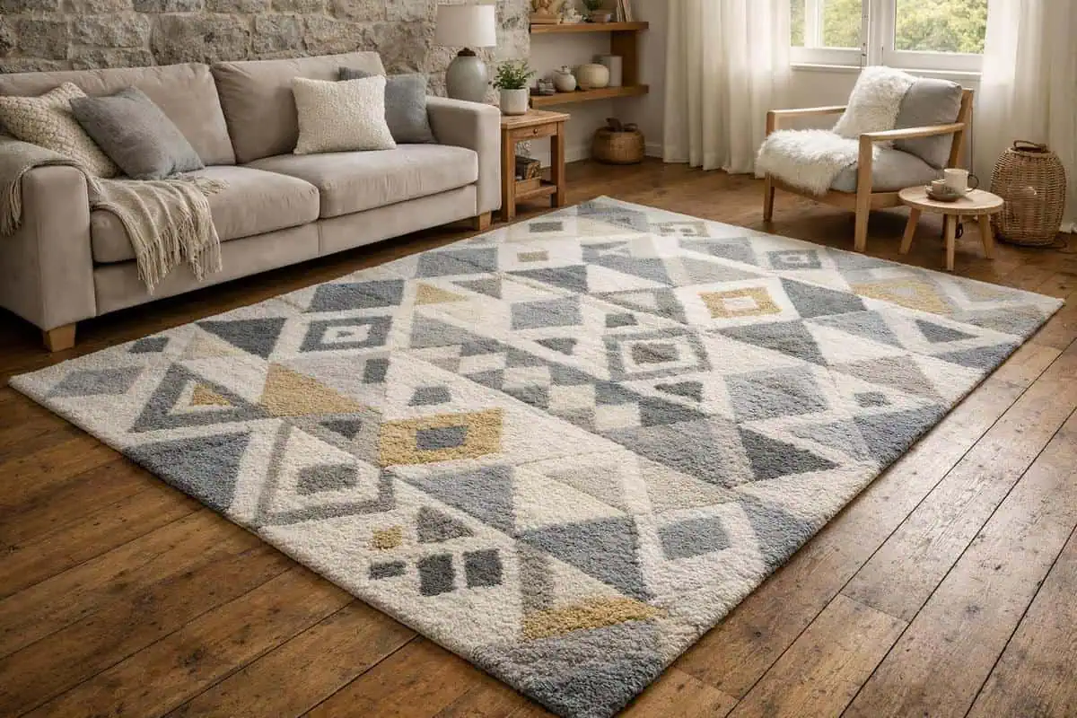 tapis laine naturelle non teinte motifs geometriques gris perle blanc casse style scandinave parquet ancien