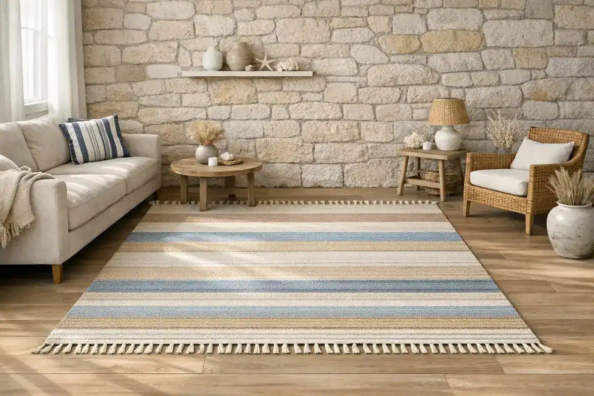 tapis rayé chaîne coton teintes sable écru nude style bord de mer chic idée déco salon beige et bleu