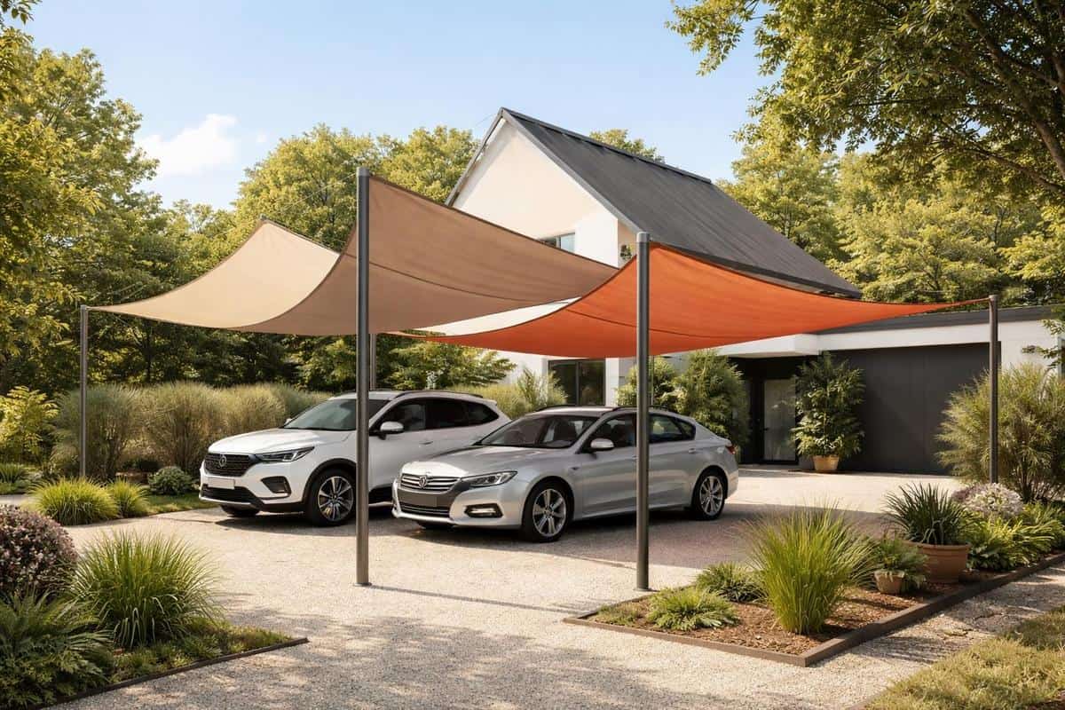 toile ombrage HDPE ombrière parking maison filtrage UV coloris sable taupe terracotta