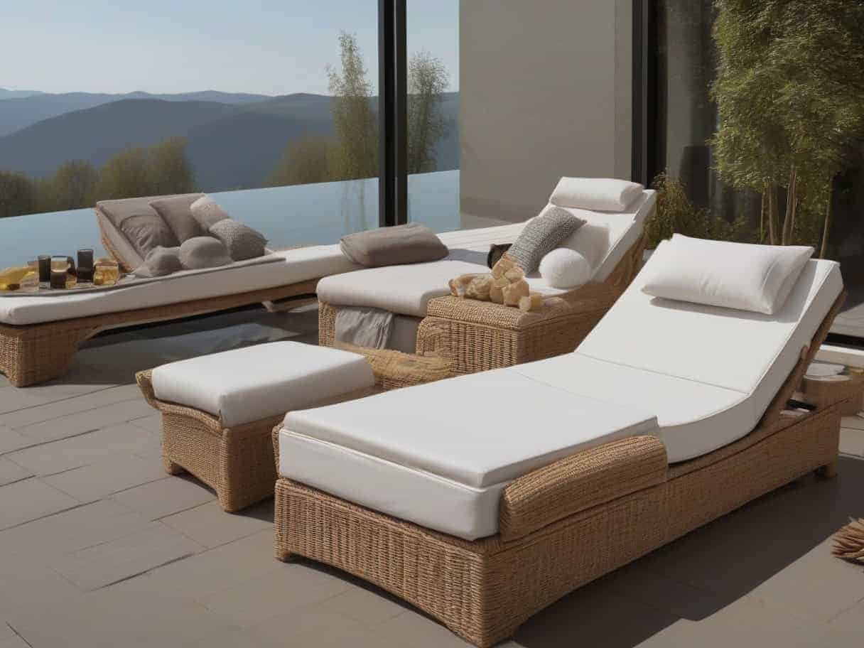 transat teck massif résine tressée coin détente lounge autour spa intérieur avec coussins imperméables anti-moisissures