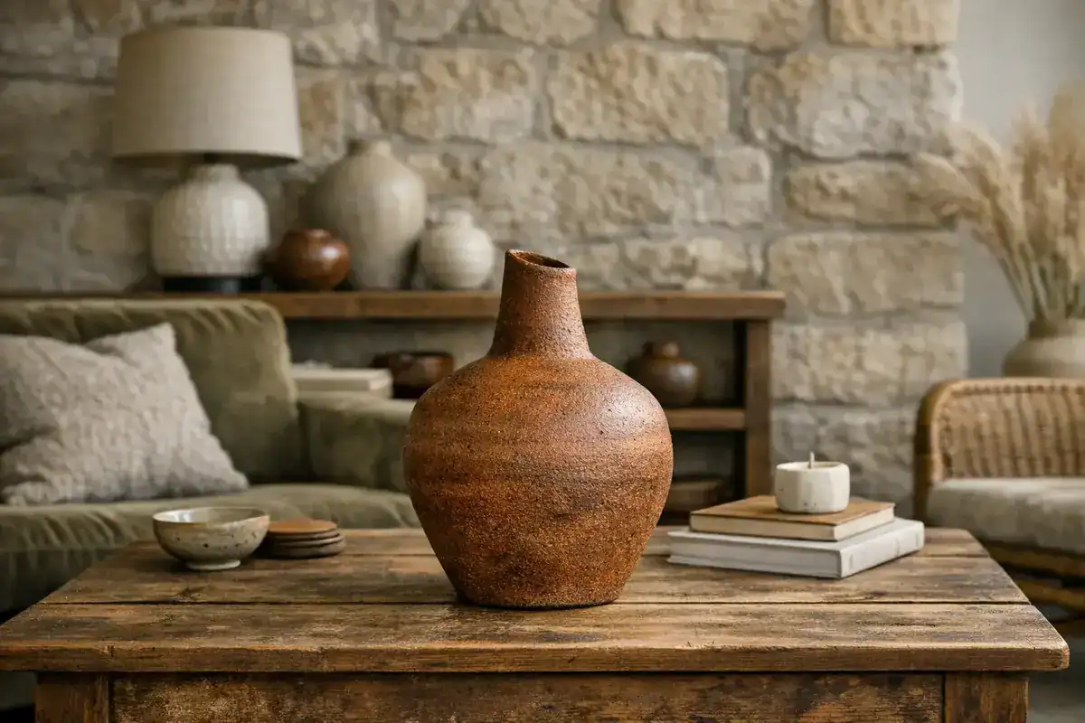 vase céramique artisanale en grès brut col asymétrique ton terracotta pour salon tendance décoration 2026