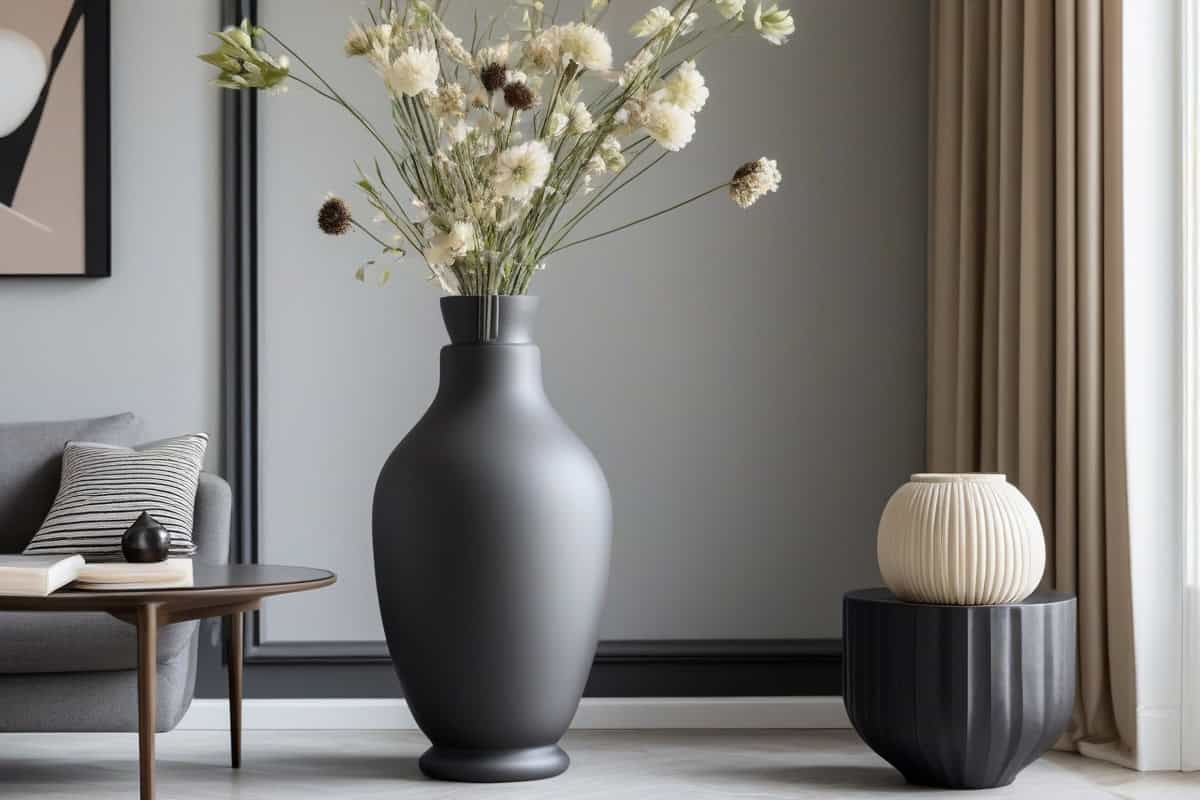 vase en céramique noir mat touche graphique pour salon cocooning chic équilibré crème et taupe