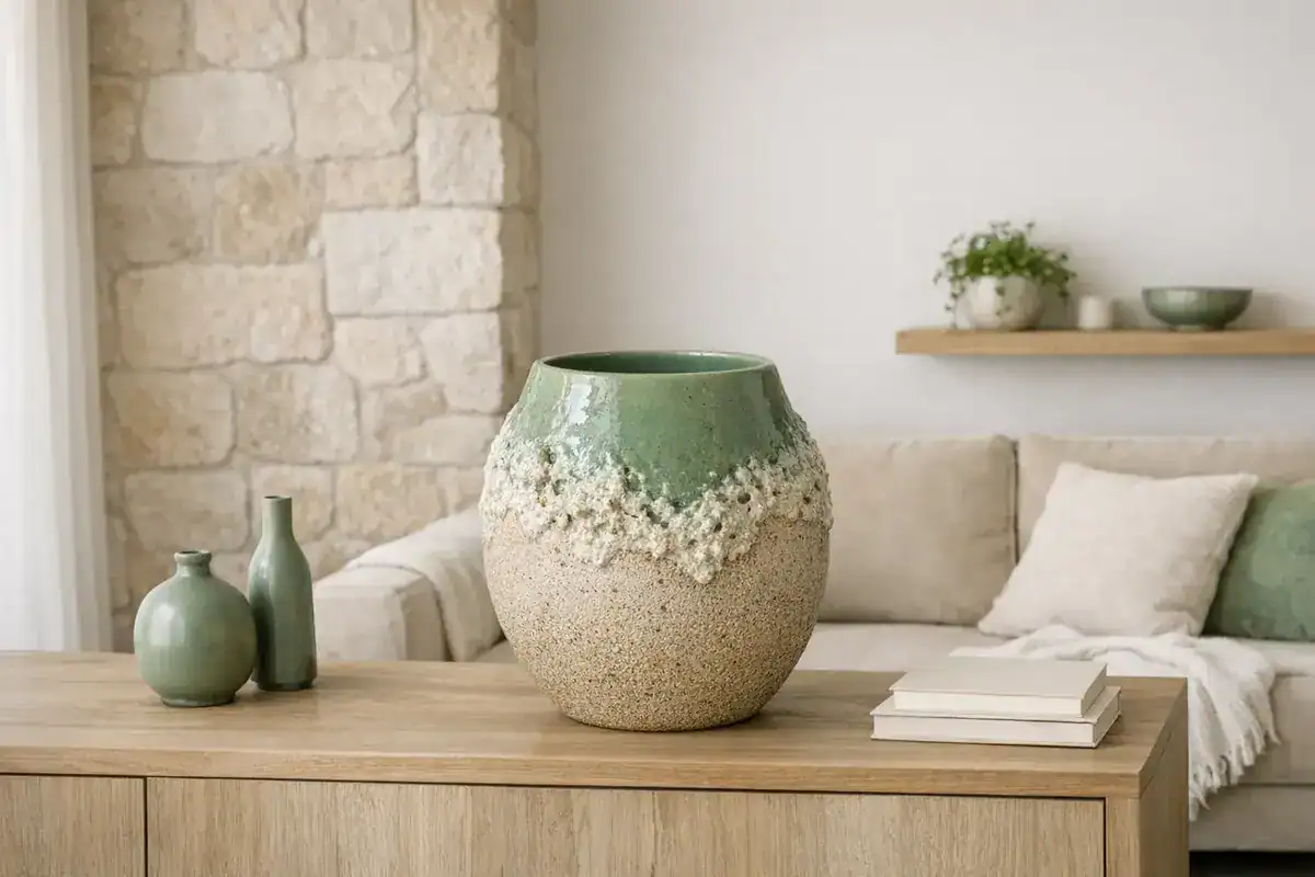 vase en grès émaillé vert sauge sur étagère salon beige, idée déco objet céramique naturel