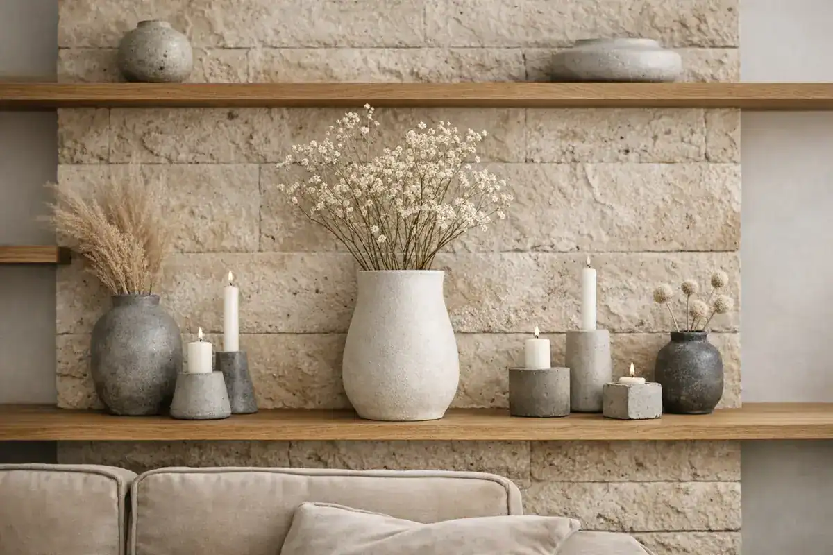vase en grès émaillé stone wash sur étagère chêne massif idée déco salon beige naturel travertin