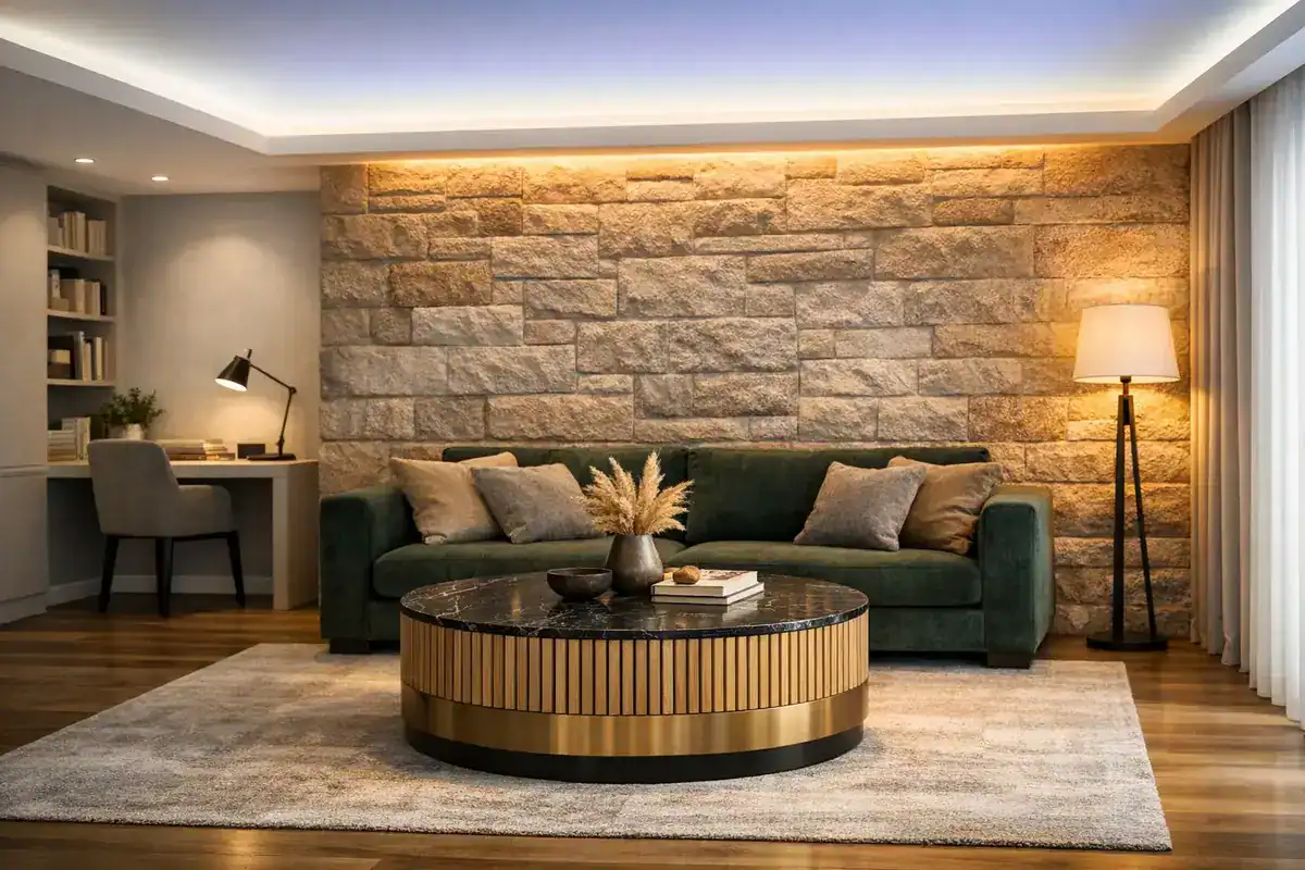 zoning lumineux LED par température de couleur dans un petit salon avec bande LED périphérique sur corniche de plafond