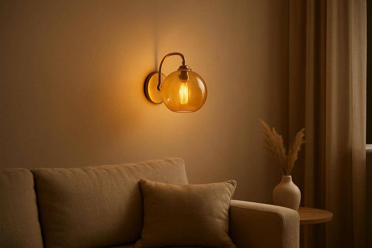 applique murale métal doré mat verre soufflé ambré idée déco salon beige chaleureux