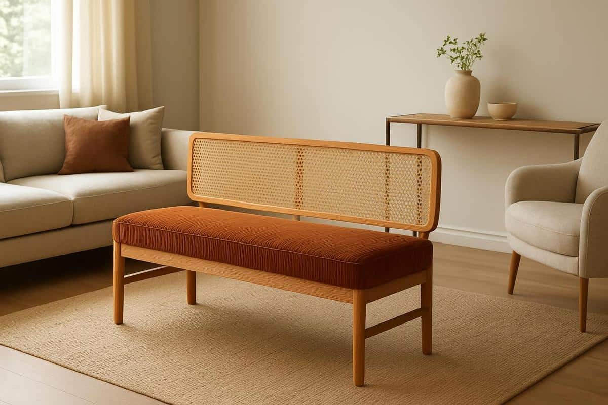 banc velours côtelé rotin cannage pour délimiter les zones dans un salon en longueur