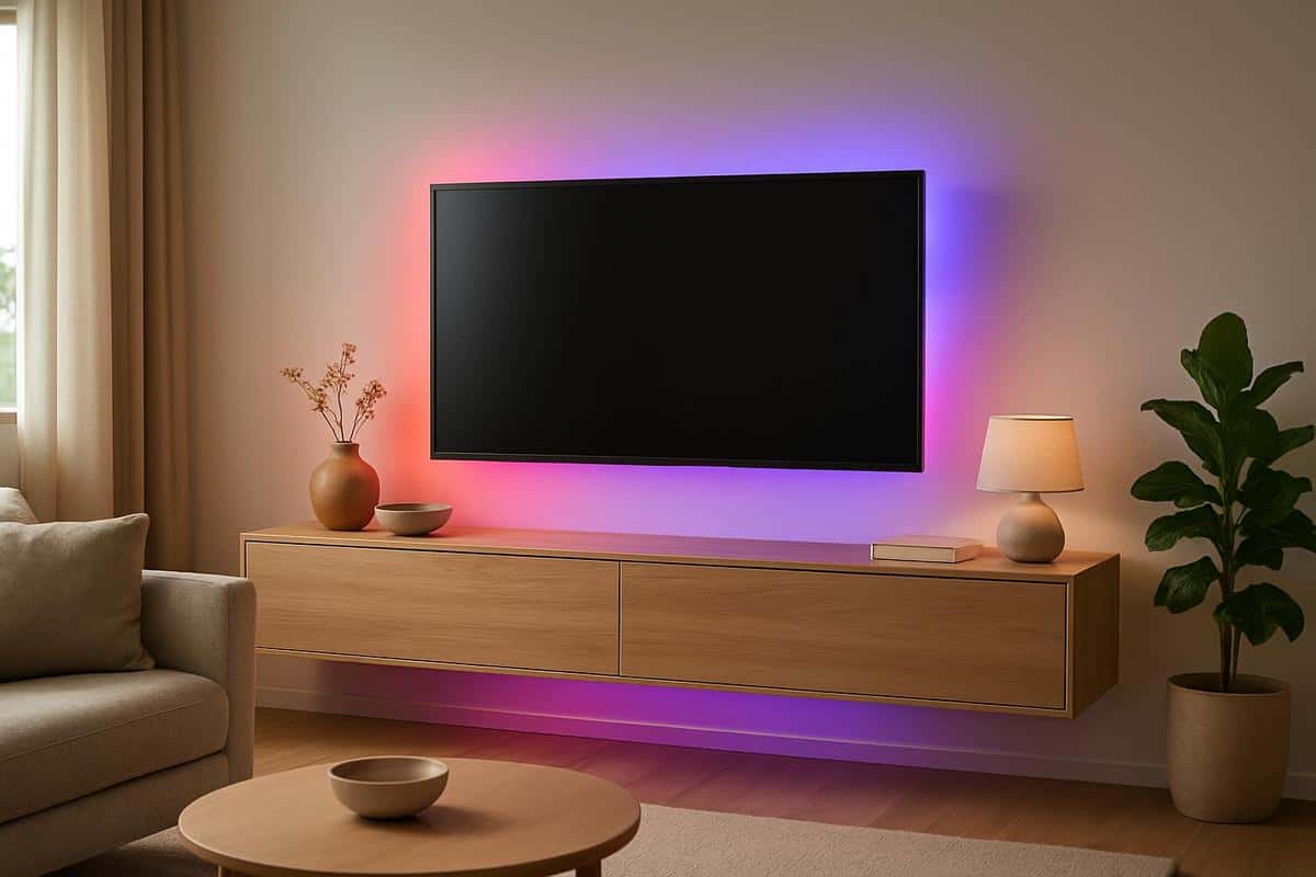 bande LED RGBIC derrière meuble TV pour effet backlighting et lumière indirecte dans un salon décoré en 2026