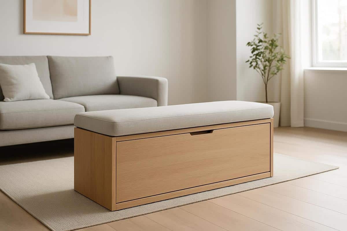 banquette avec rangement intégré utilisée comme séparation de zones dans un salon en longueur