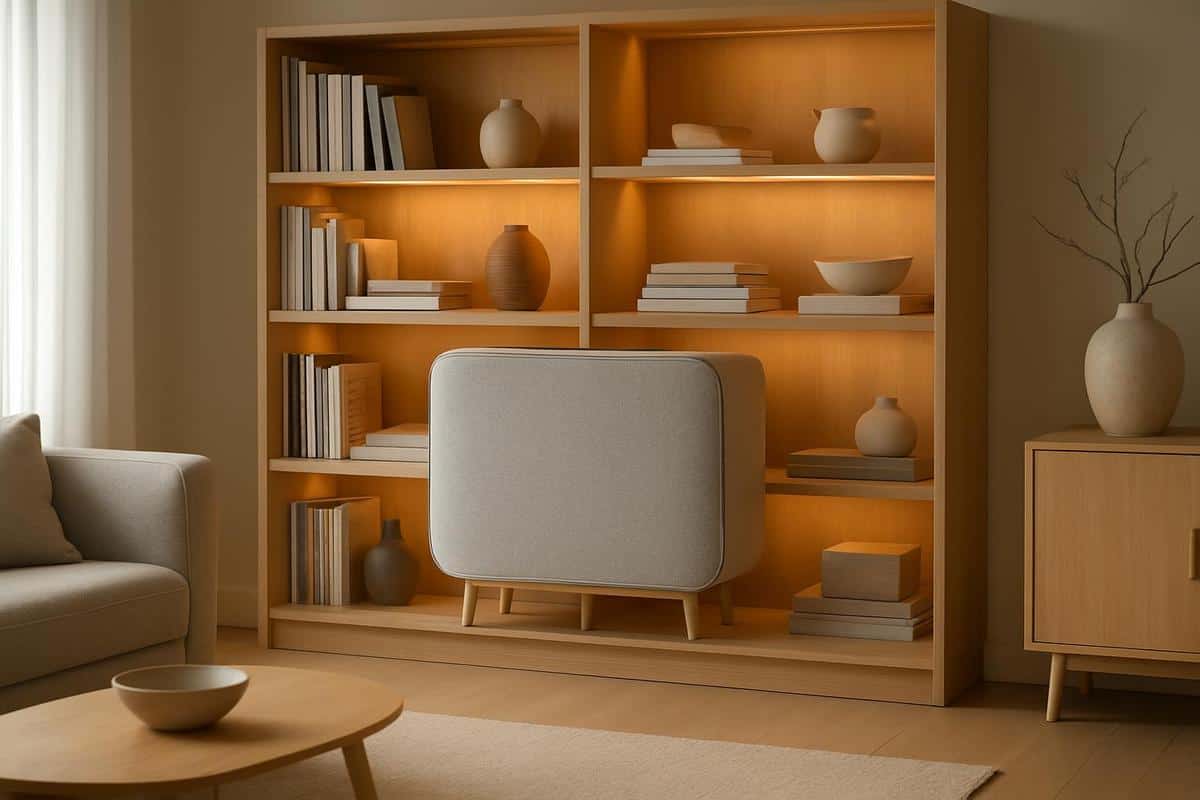 bibliothèque ouverte en bois avec éclairage LED intégré sous chaque tablette pour salon décoré style IKEA Gautier Ethnicraft