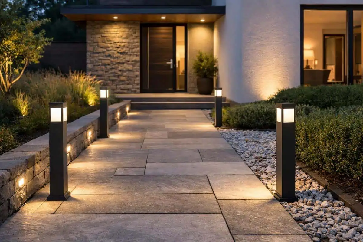Bornes LED éclairage allée d'accès sécurité nocturne ambiance accueillante aménagement maison