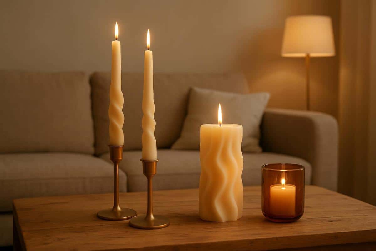 bougies sculptées en cire naturelle chandeliers laiton mat photophores verre ambré style scandinave cosy salon beige Broste Copenhagen