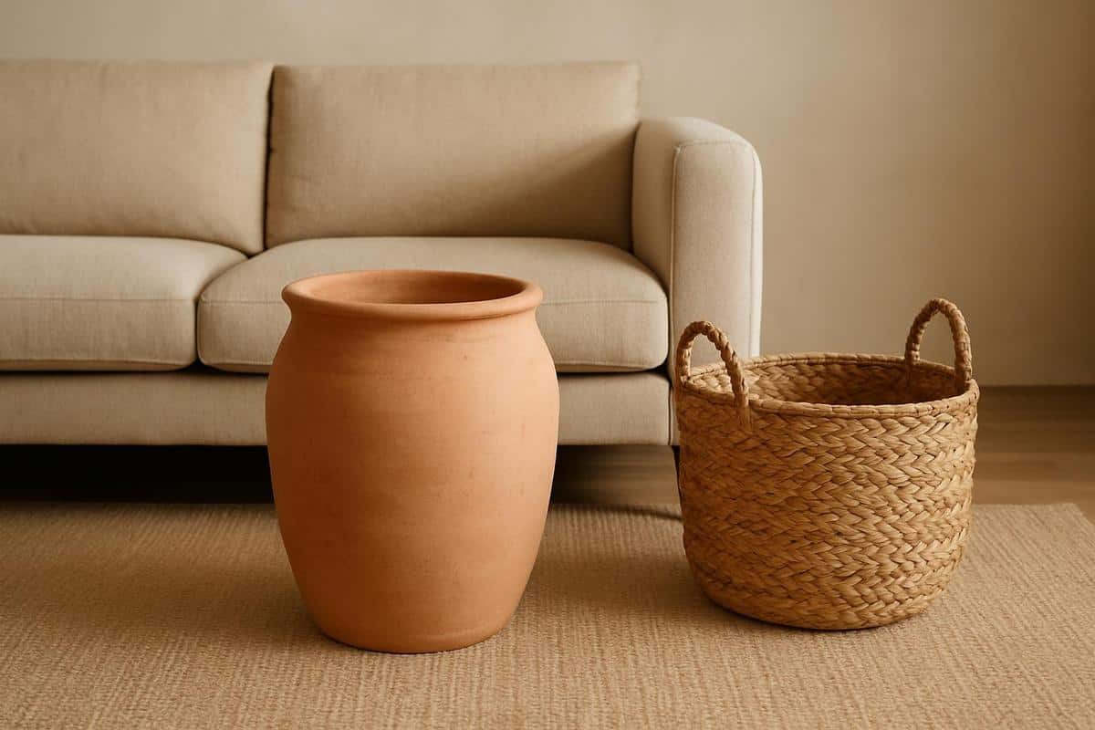 cache-pot terre cuite non émaillée et panier osier pour idée déco salon beige naturellement organique