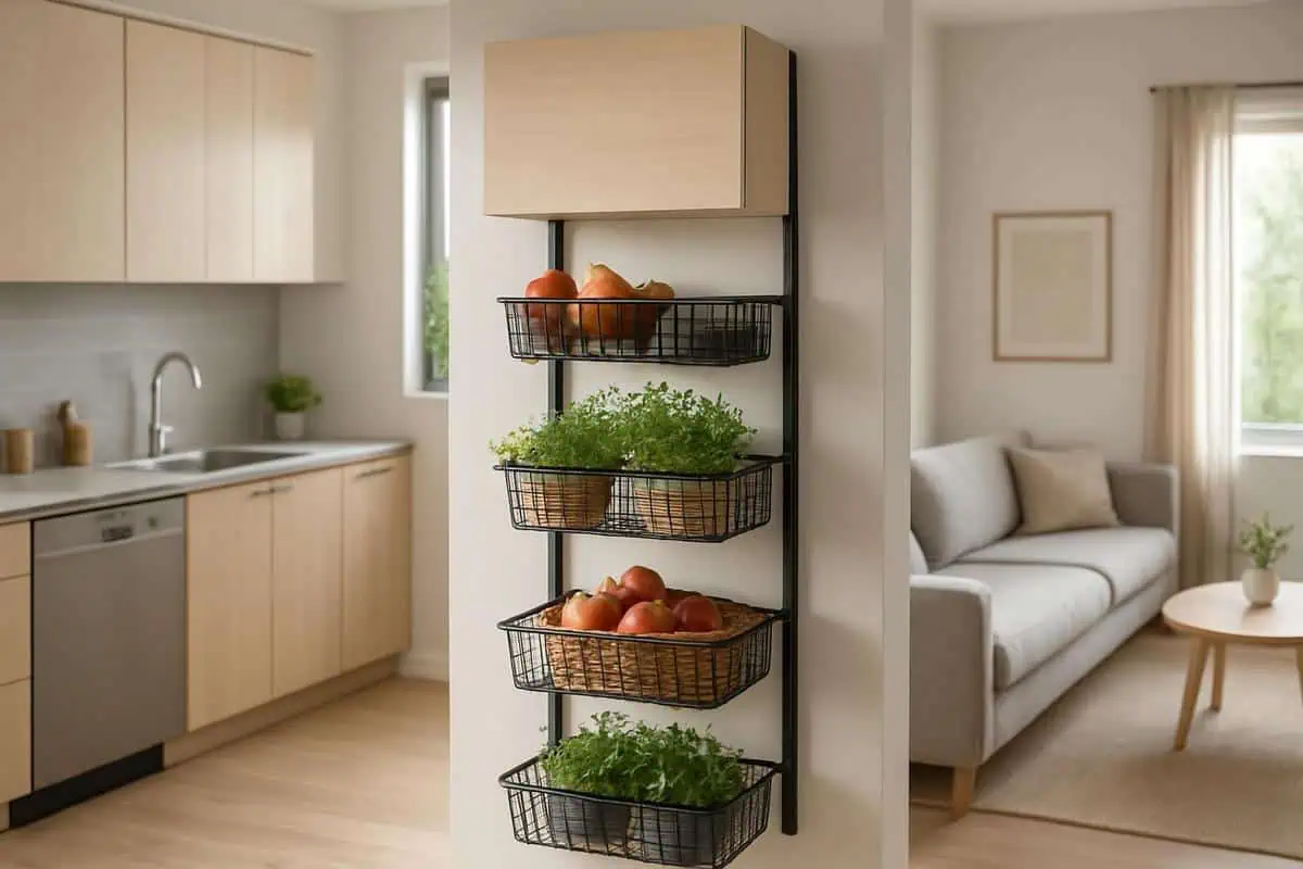 Caissons suspendus modulables organisation cuisine ouverte, rangement vertical avec paniers pour fruits et herbes aromatiques
