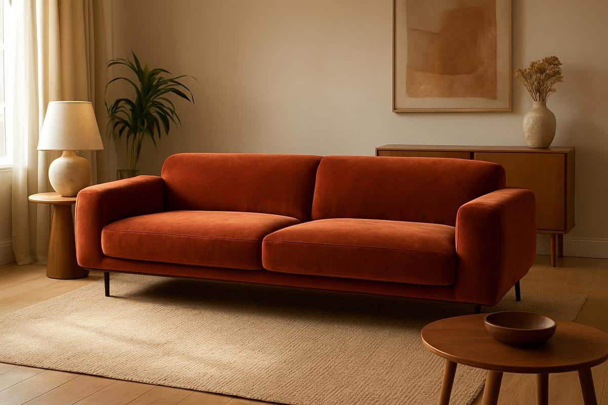 canapé bas seventies en velours terracotta pieds métal noir mat style rétro salon 2026