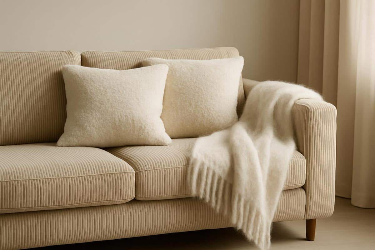 canapé beige velours côtelé avec coussins texturés et plaid mohair pour idée déco salon beige chic