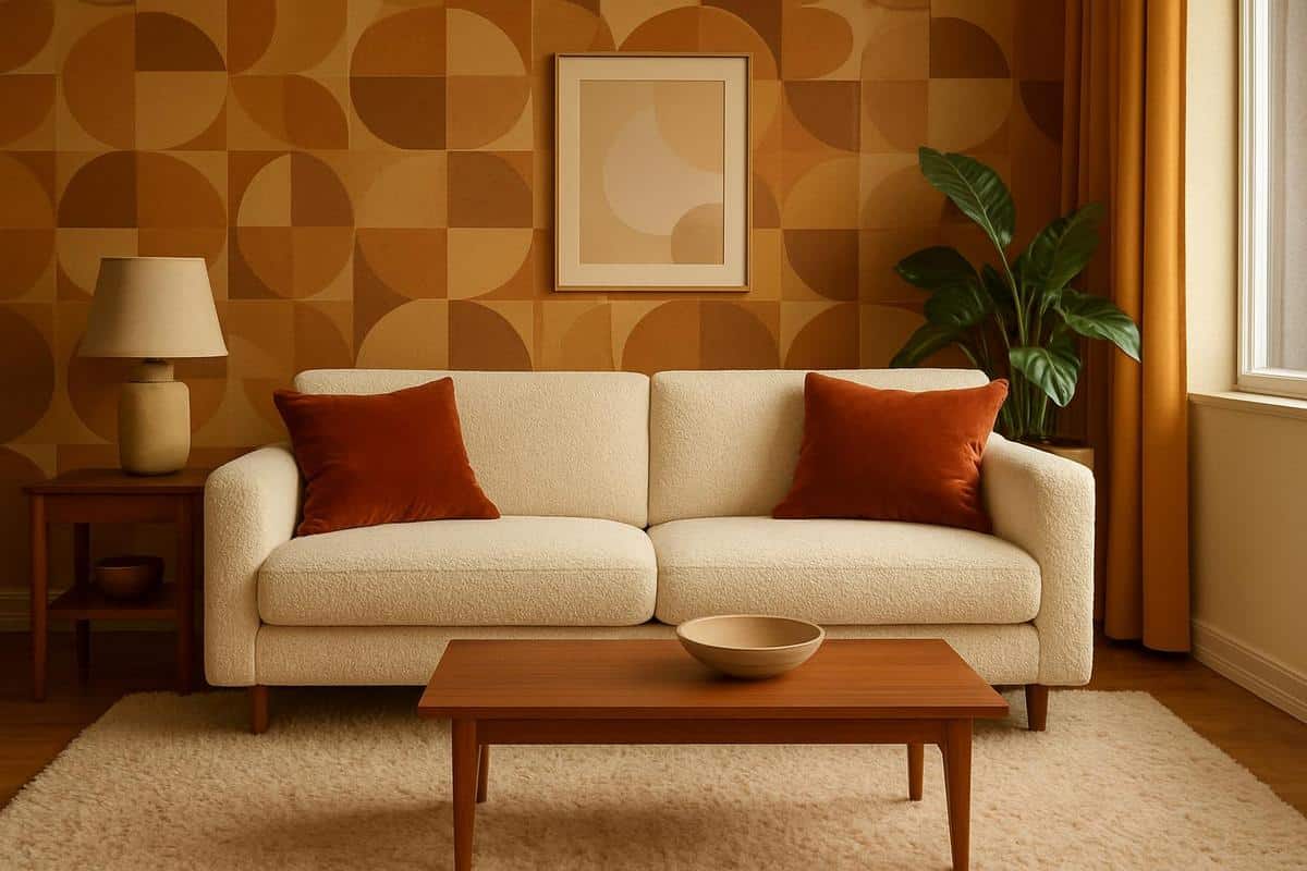 canapé bouclette ivoire avec coussins velours rouille décoration salon rétro années 70 tendance 2026