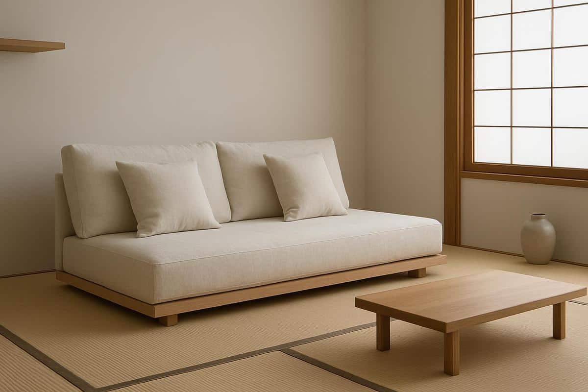 canapé futon bas en lin écru lignes droites assise ferme mobilier minimaliste déco salon japonais