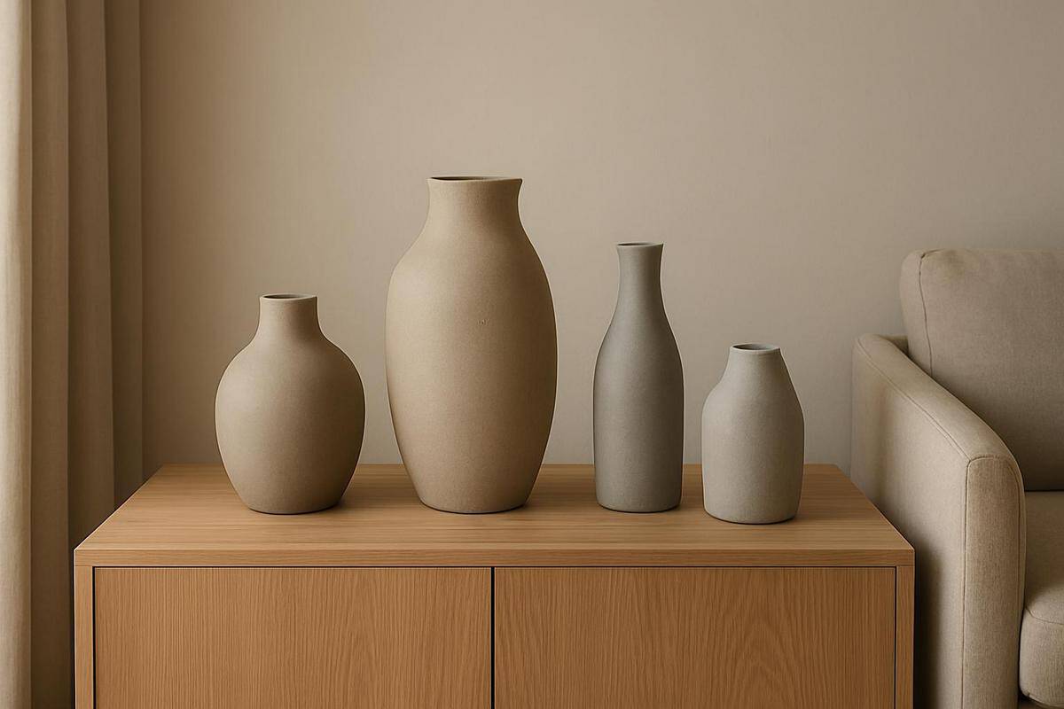 céramiques en grès gris beige vases asymétriques finition mate style japandi décoration salon beige minimaliste