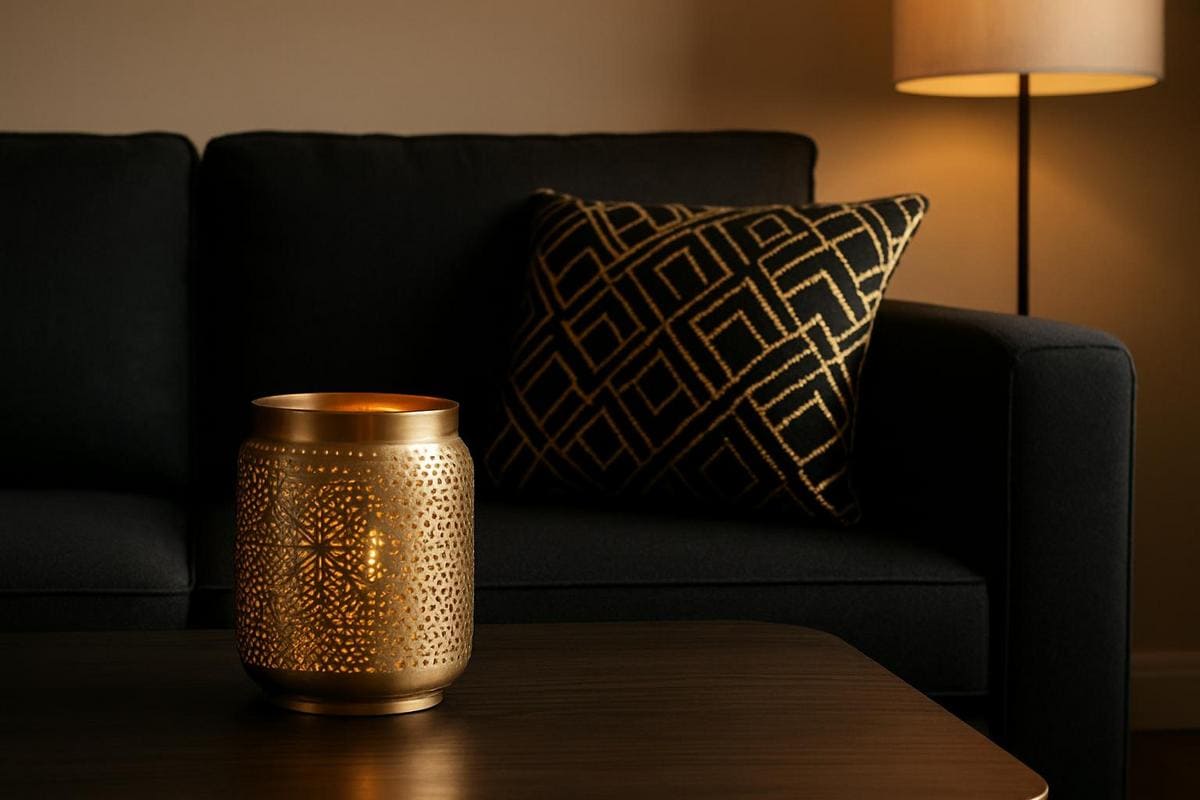 coussin brodé fils dorés géométrique et photophore métal doré perforé sur canapé noir touche dorée objets design salon élégant