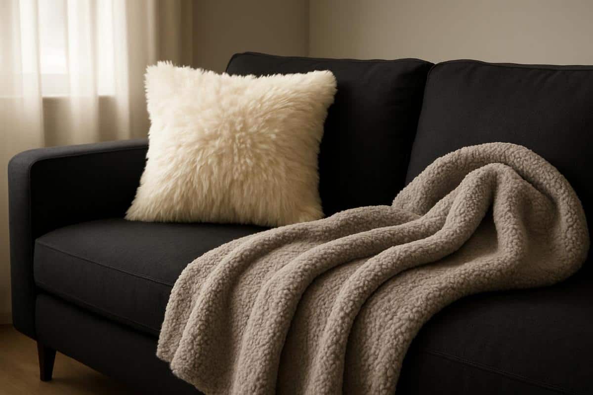 coussin fausse fourrure écrue et plaid sherpa gris tourterelle sur canapé noir mix de matières salon cosy