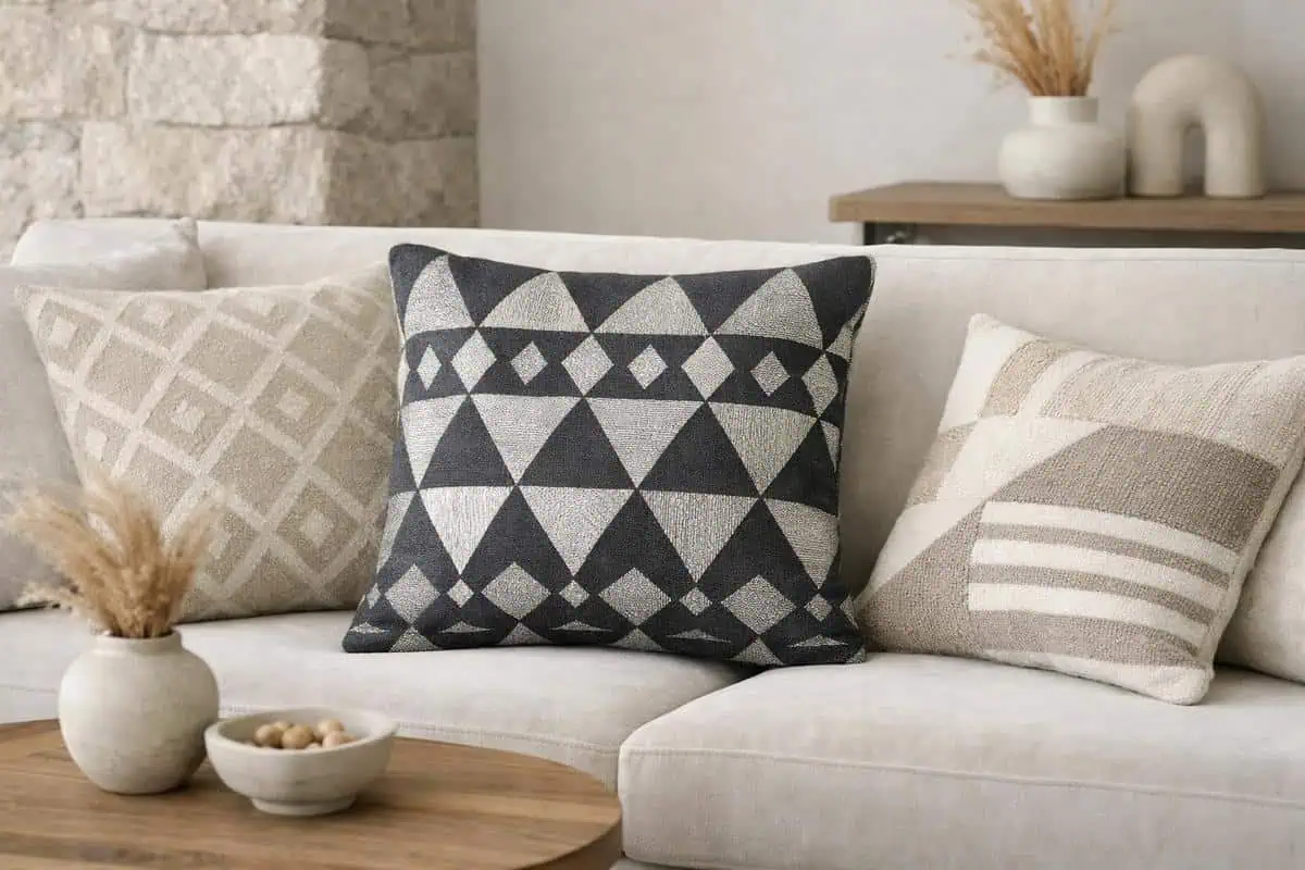 Coussins jacquard motifs géométriques triangles losanges HK Living Ferm Living accessoires bohèmes salon scandinave