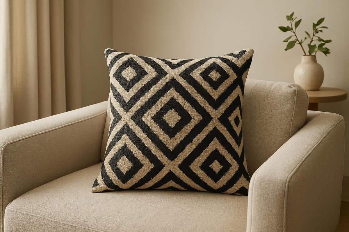 coussin jacquard coton noir beige motif géométrique idée déco salon beige Ferm Living Maison du Monde