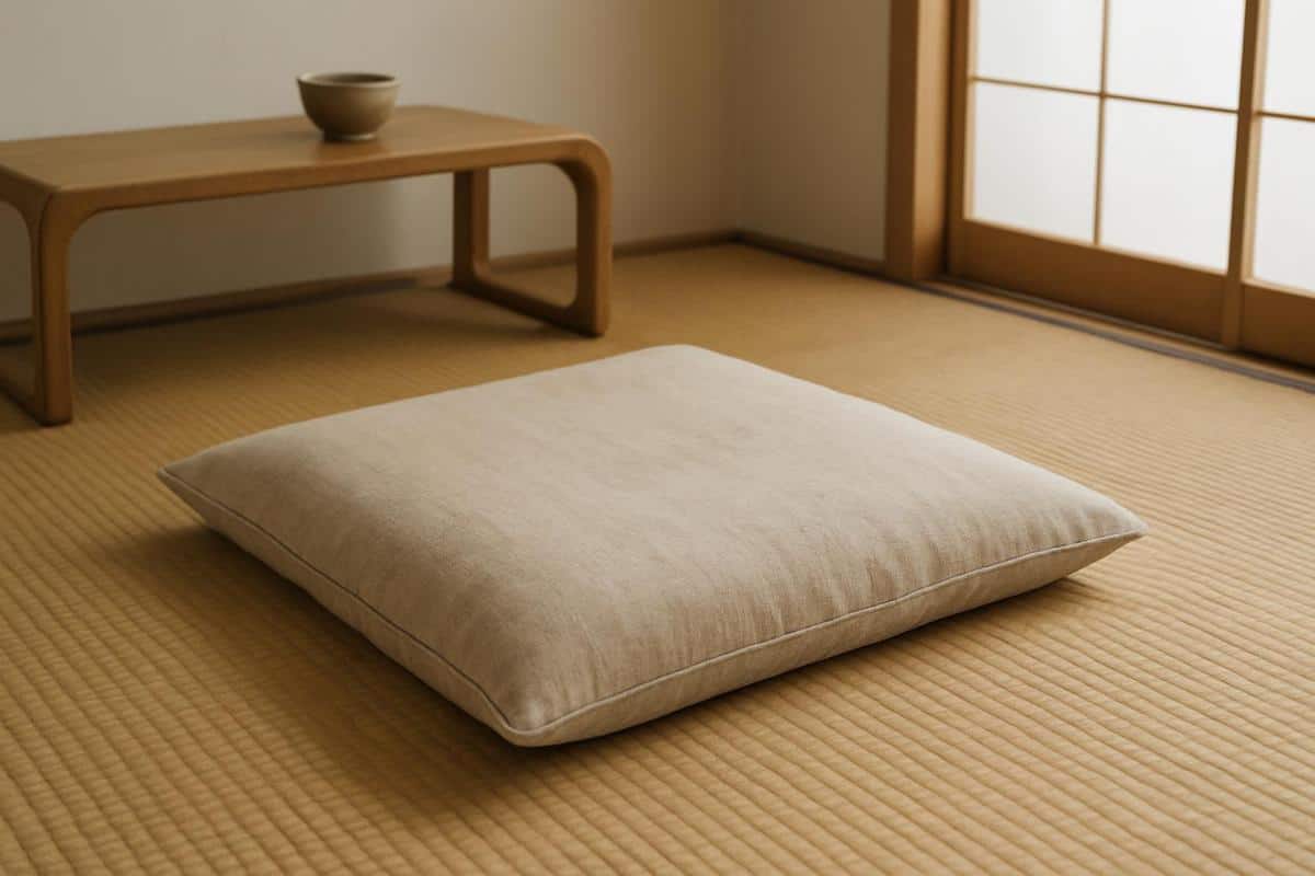 coussin de sol zabuton en lin naturel 60x60 cm pour salon japonais zen, idée déco assise au sol style japonais